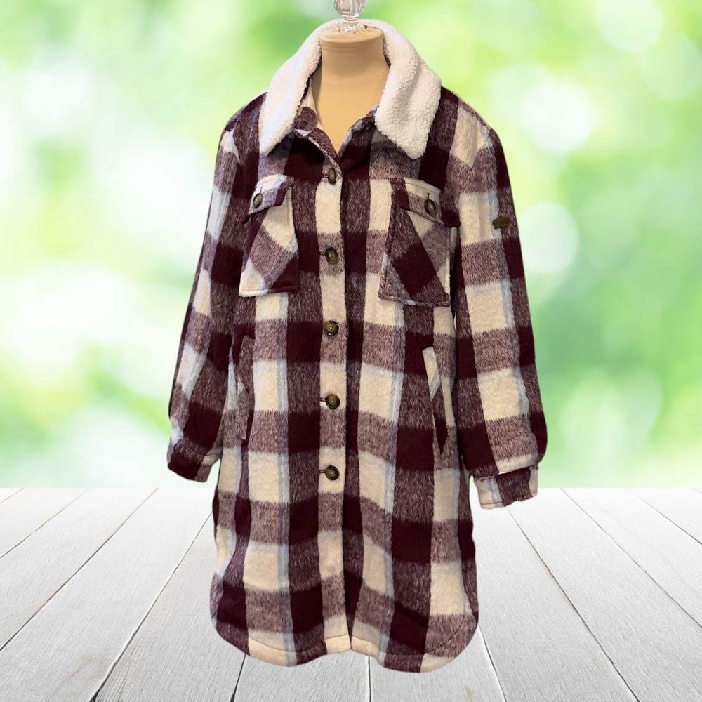 KOOLABURRA UGG Sherpa Collar Faux Wool Overcoat Buffalo Check Plaid Shacket Sz L